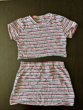 Striped Pink & Blue Kids Pajama Set - Short Sleeve Top & Skirt